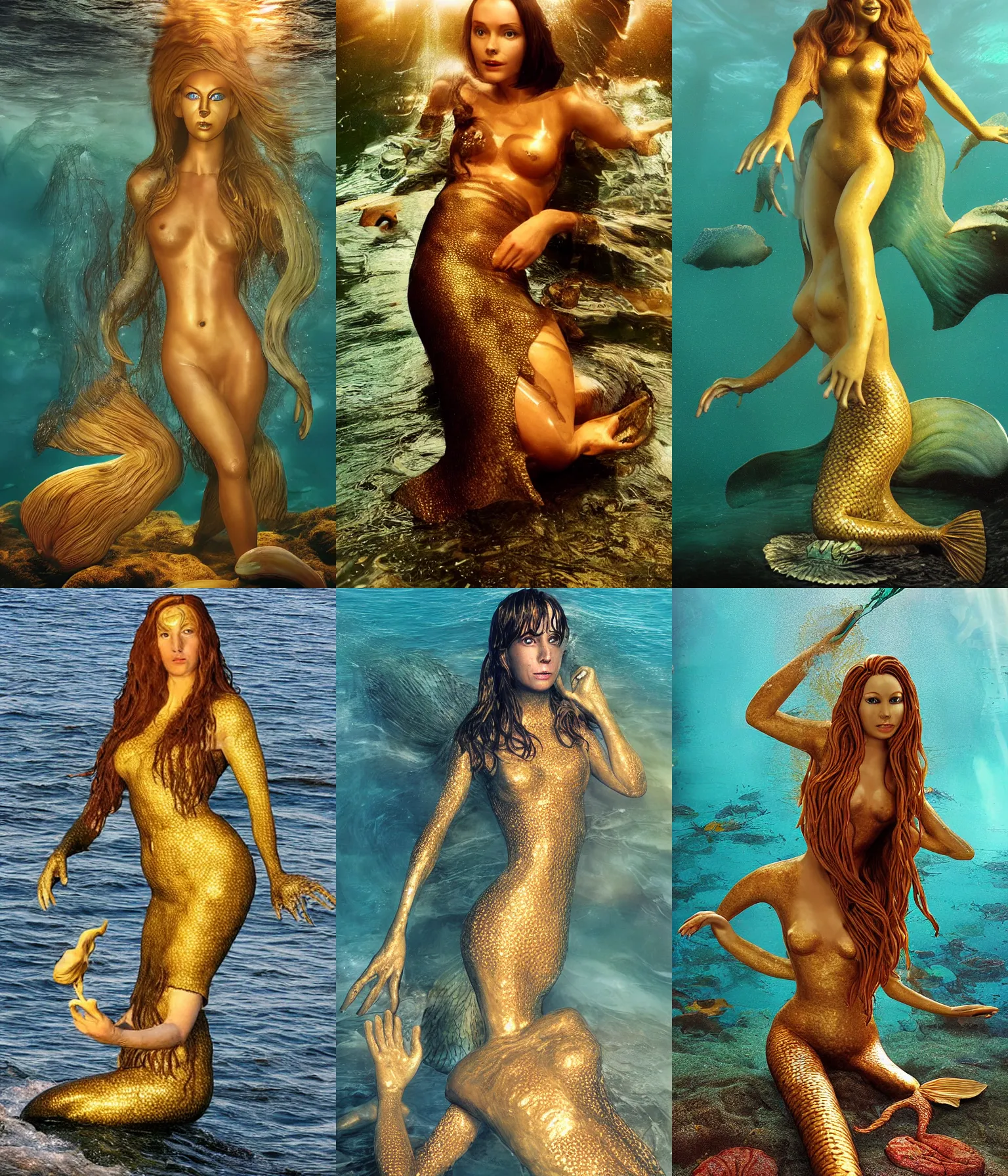Prompt: too realistic film prop of the a fungus-based humanoid siren mermaid woman, full-length portrait, golden hour 2008 cinematography