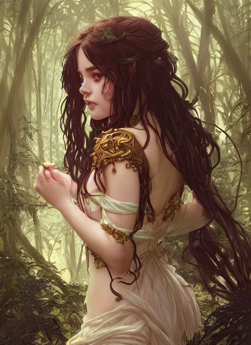 Image similar to a beautiful cute young demon princess in a forest, D&D, fantasy, intricate, cinematic lighting, highly detailed, digital painting, artstation, concept art, smooth, sharp focus, illustration, art by Terry Moore and Greg Rutkowski and Alphonse Mucha