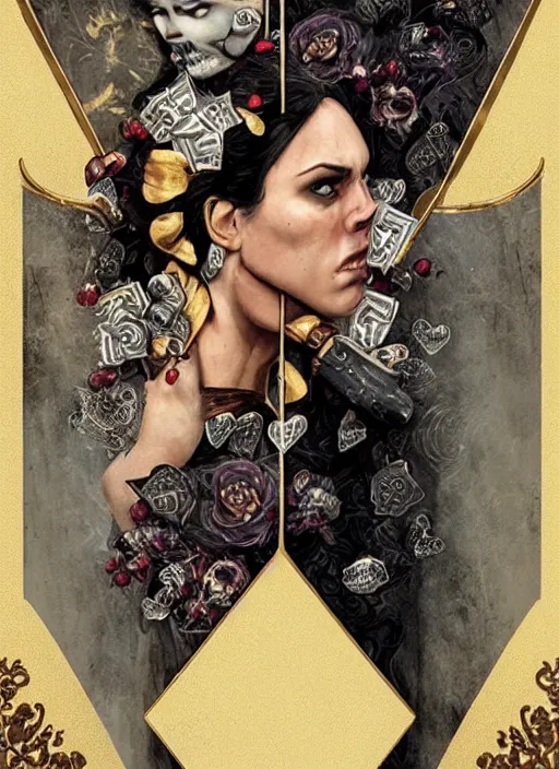 Image similar to tarot card :: horror :: vampires and draculas :: hearts and roses :: gold and silver :: guns and swords :: side profile :: highly details :: intricate details :: Sandra Chevrier and bastien lecouffe deharme