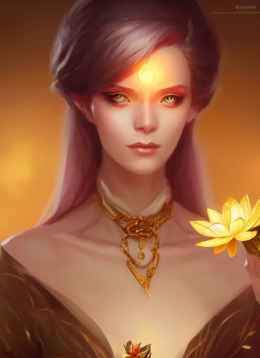 Image similar to female magician, wide angle view, lotus, flowers, gold, diamonds, highly detailed, artgerm, cushart krenz, artstation, soft light, sharp focus, illustration, character design, concept art