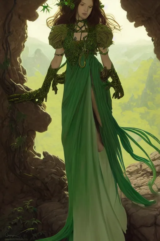 Image similar to Portrait of seductive female druid, D&D, revealing green stylish dress, choker on neck, very long flowing hair, mouth slightly open, cute slightly nerdy smile, fantasy, intricate, elegant, stylish, highly detailed, digital painting, artstation, concept art, smooth, sharp focus, illustration, art by artgerm and greg rutkowski and alphonse mucha