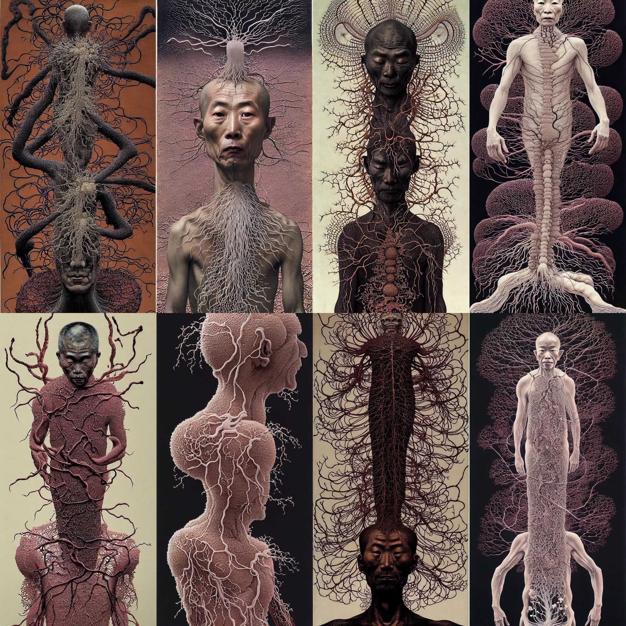 Prompt: ancient japanese monk, by kiki smith, by zdzisław beksinski, by wangechi mutu, full body, zoomed out, mycelium, mycena acicula, tremella - fuciformis, fractal lace, insanely detailed and intricate, hypermaximalist, elegant, ornate, hyper realistic