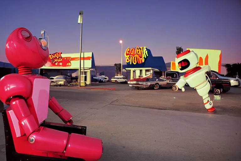 Image similar to robot clown relaxing at a california drive in, in 2 0 0 2, cutecore clowncore, bathed in the the glow of the sunset, low - light photograph, in style of tyler mitchell