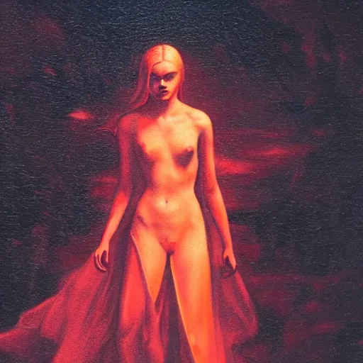 Prompt: silhouette of Elle Fanning in the world of Dante’s Inferno, stormy weather, extremely detailed masterpiece, oil on canvas, low-key neon lighting, artstation, Blade Runner 2049, Roger Deakin’s cinematography, by J. C. Leyendecker and Peter Paul Rubens,