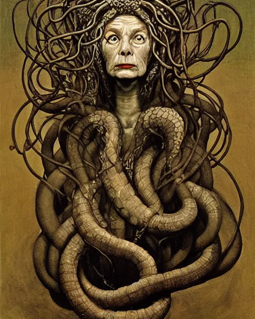 Image similar to portrait of Medusa from Greek mythology, as an old mean woman, with snakes for hair, Francisco Goya painting, part by Beksiński and EdvardMunch, part by Takato Yamamoto and Peter Mohrbacher, Francis Bacon masterpiece