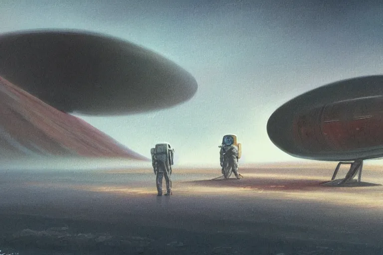 Image similar to painting in the style of John Harris of a female astronaut exploring on mars, landed spaceship