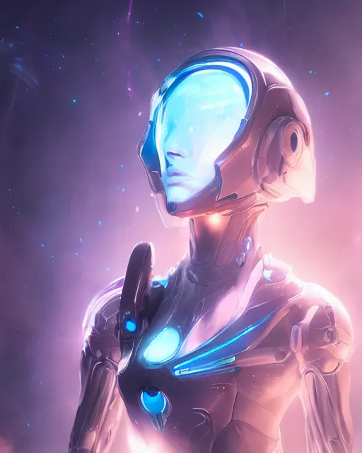 Image similar to perfect android girl on a mothership, warframe armor, beautiful face, scifi, futuristic, galaxy, nebula, raytracing, dreamy, long white hair, blue cyborg eyes, sharp focus, cinematic lighting, highly detailed, artstation, divine, by gauthier leblanc, kazuya takahashi, huifeng huang