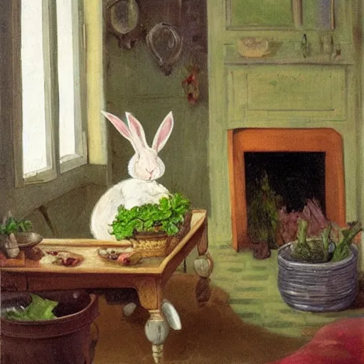 Prompt: a rabbit eating lettuce inside a cozy french living room, in the style of fanny brate