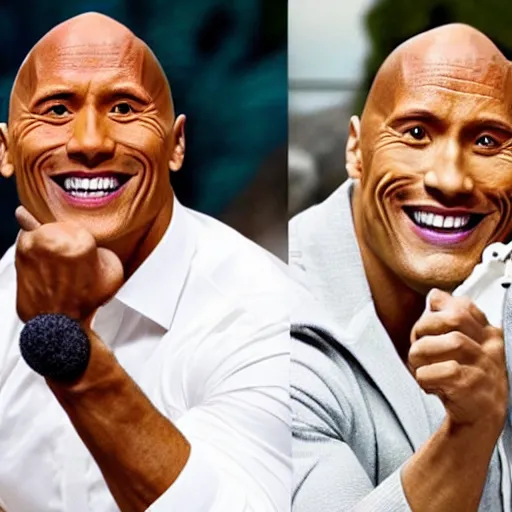 Image similar to obunga and dwayne Johnson promoting toothpaste by showing of their beautiful white teeth and holding toothpaste, hyper realistic, tv commercial