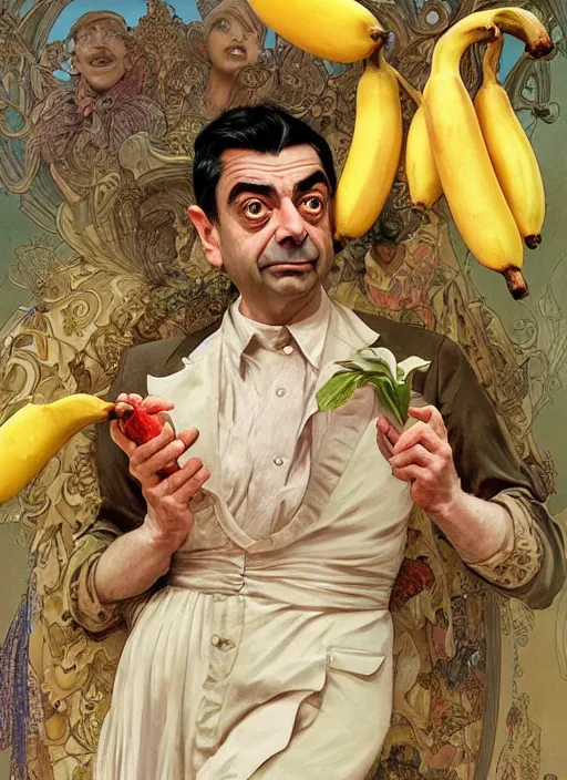 Image similar to Rowan Atkinson as cross eyed Mister Bean holding a banana, intricate, elegant, highly detailed, centered, digital painting, artstation, concept art, smooth, sharp focus, illustration, art by artgerm and donato giancola and alphonse mucha