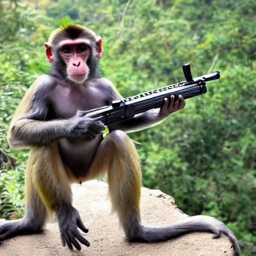 Prompt: photo of a monkey holding a sniper rifle