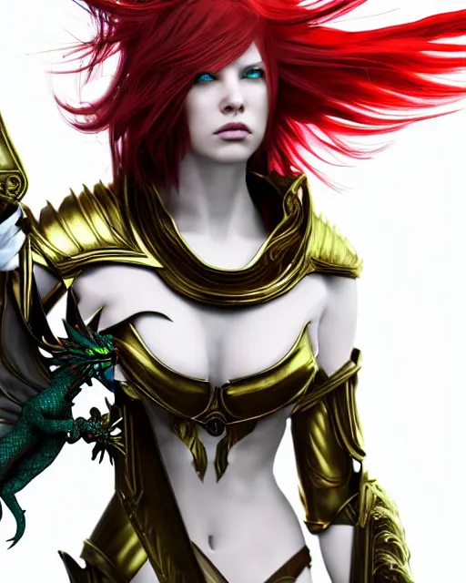 Prompt: red - haired final fantasy white marble egyptian big eyed nun caressing her shiny rainbow dragon, warframe armor, regal, attractive, ornate, sultry, sexy, beautiful, elize theron, pretty face, green eyes, scifi platform, 4 k, ultra realistic, epic lighting, illuminated, cinematic, black gold, art by alexandra petruk, voidstar