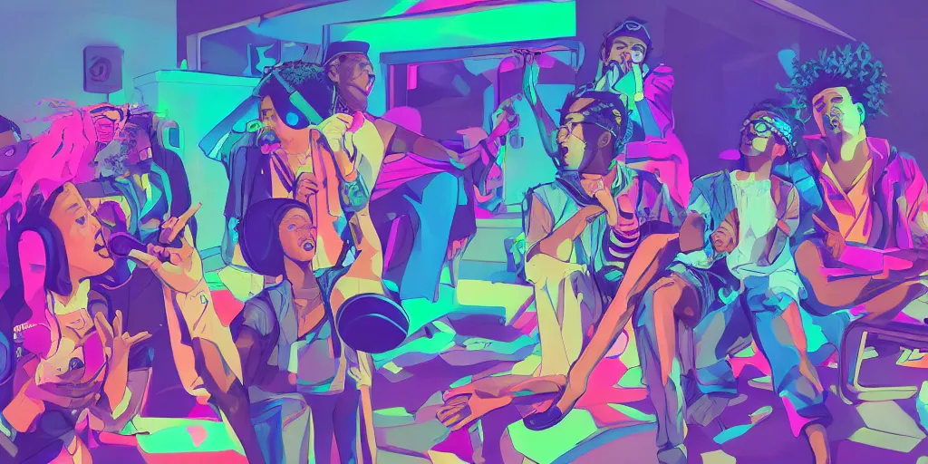 Image similar to multiracial friends rapping with microphone in living room, epic poses, distinct figures, digital art, vaporwave light show, psychedelic, diverse representation, surreal, hip hop, trending on Artstation, professional artist, detailed, 4k