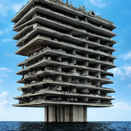 Image similar to communist buildings stand above the sea, brutalism, by zaoeyo ， highly detailed, cinematic landscape ， octane render ， trending on artstation,