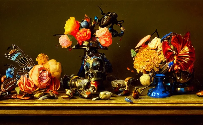 Image similar to beautiful colorful oil painting dutch golden age vanitas still life with gorgeous fututistic objects shiny transparent surfaces shiny metal insects rachel ruysch dali todd schorr very detailed perfect composition rule of thirds masterpiece chiaroscuro canon 5 0 mm, cinematic lighting, photography, retro, film, kodachrome