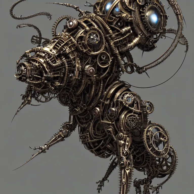 Image similar to steampunk cybernetic biomechanical ant, 3 d model, very coherent symmetrical artwork, unreal engine realistic render, 8 k, micro detail, intricate, elegant, highly detailed, centered, digital painting, artstation, smooth, sharp focus, illustration, artgerm, tomasz alen kopera, wlop