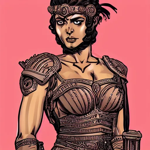 Image similar to greek amazon warrior, a tall beautiful woman with brown skin and long curly dark hair, dressed in hellenistic body armour, intricate, elegant, highly detailed, smooth, sharp focus, detailed face, high contrast, graphic novel, art by laurie greasley,