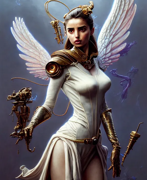 Image similar to beautiful fantasy character portrait, ana de armas, ultra realistic, wide angle, intricate details, the fifth element artifacts, highly detailed by peter mohrbacher, hajime sorayama, wayne barlowe, boris vallejo, paolo eleuteri serpieri, dishonored 2, white gown, angel wings