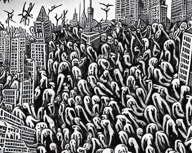 Image similar to a swarm of demons in the city. there is peace.