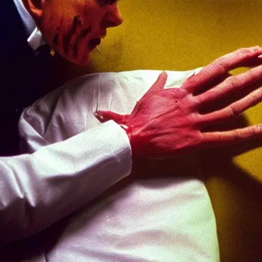 Image similar to filmic closeup dutch angle movie still 4k UHD 35mm film color photograph of a screaming horrified doctor looking down at his freshly amputated hand, where his wrist has been freshly severed, blood is gushing from the wound