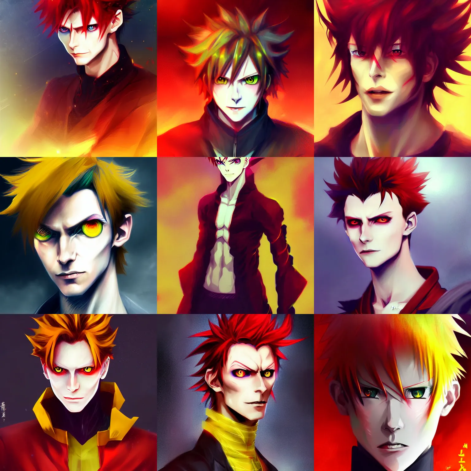 Prompt: portrait of anime male 2 0 years old male evil sharp features yellow iris, very narrow yellow glowing eyes red red soft tousled crimson hair smirk anime hunterpedia pixiv fanbox concept art, matte, sharp focus hisoka morow tom hiddleston david bowie mashup art by wlop ruan jia