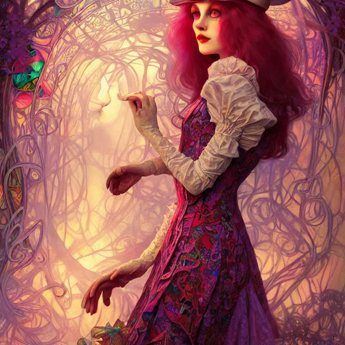 Image similar to psychedelic alice in wonderland , diffuse lighting, fantasy, intricate, elegant, highly detailed, lifelike, photorealistic, digital painting, artstation, illustration, concept art, smooth, sharp focus, art by John Collier and Albert Aublet and Krenz Cushart and Artem Demura and Alphonse Mucha