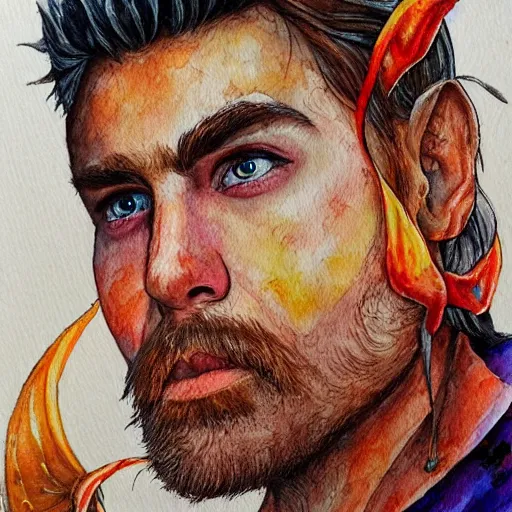 Image similar to water color art on paper, fire elf portrait, highly detailed, award - winning artstation, masterpiece