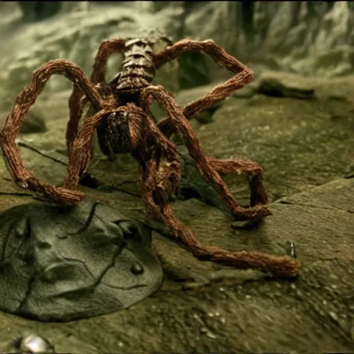 Prompt: claymation of samwise gamgee fighting shelob the spider in LOTR return of the king (2003), gritty, tilt shift, award winning, highly textured, very detailed!, eerie