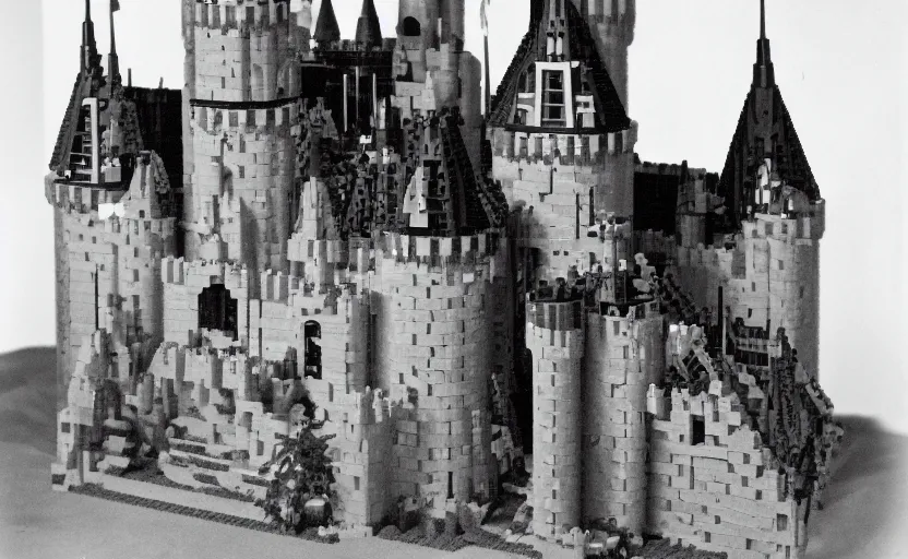Prompt: an old black-and-white photograph of a Lego castle