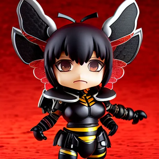 Image similar to photograph of cute bee nendoroid with themed black armor with crimson metal wings, portrait, hyperdetailed, artstation, cgsociety, 8 k, by tangerine dream