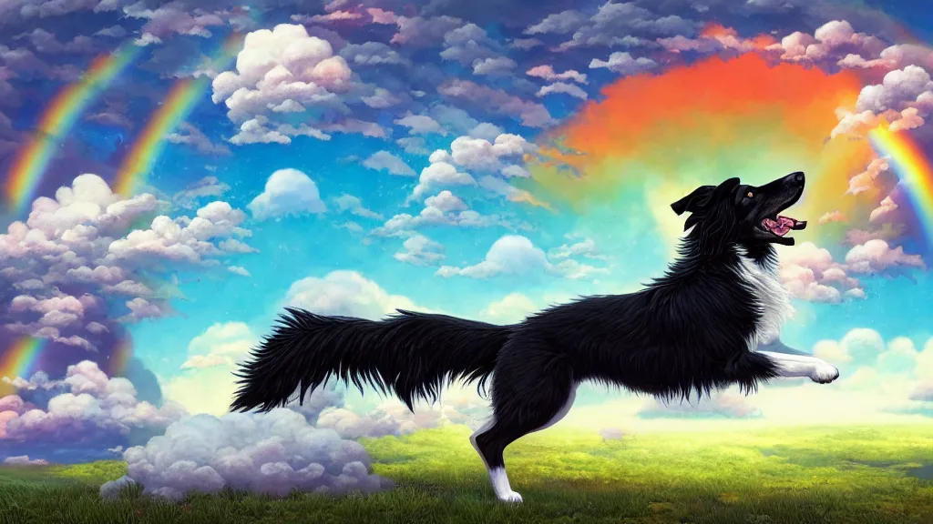 Prompt: highly detailed illustration of a border collie jumping over a rainbow, high exposure, cummulonimbus clouds by makoto shinkai, by oliver vernon, by joseph moncada, by damon soule, by manabu ikeda, by kyle hotz, by dan mumford, by otomo, 4 k resolution