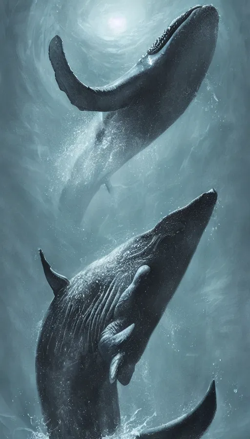 Prompt: summoning an ancient whale spirit, wet, surrealistic, dark fantasy, highly detailed concept art