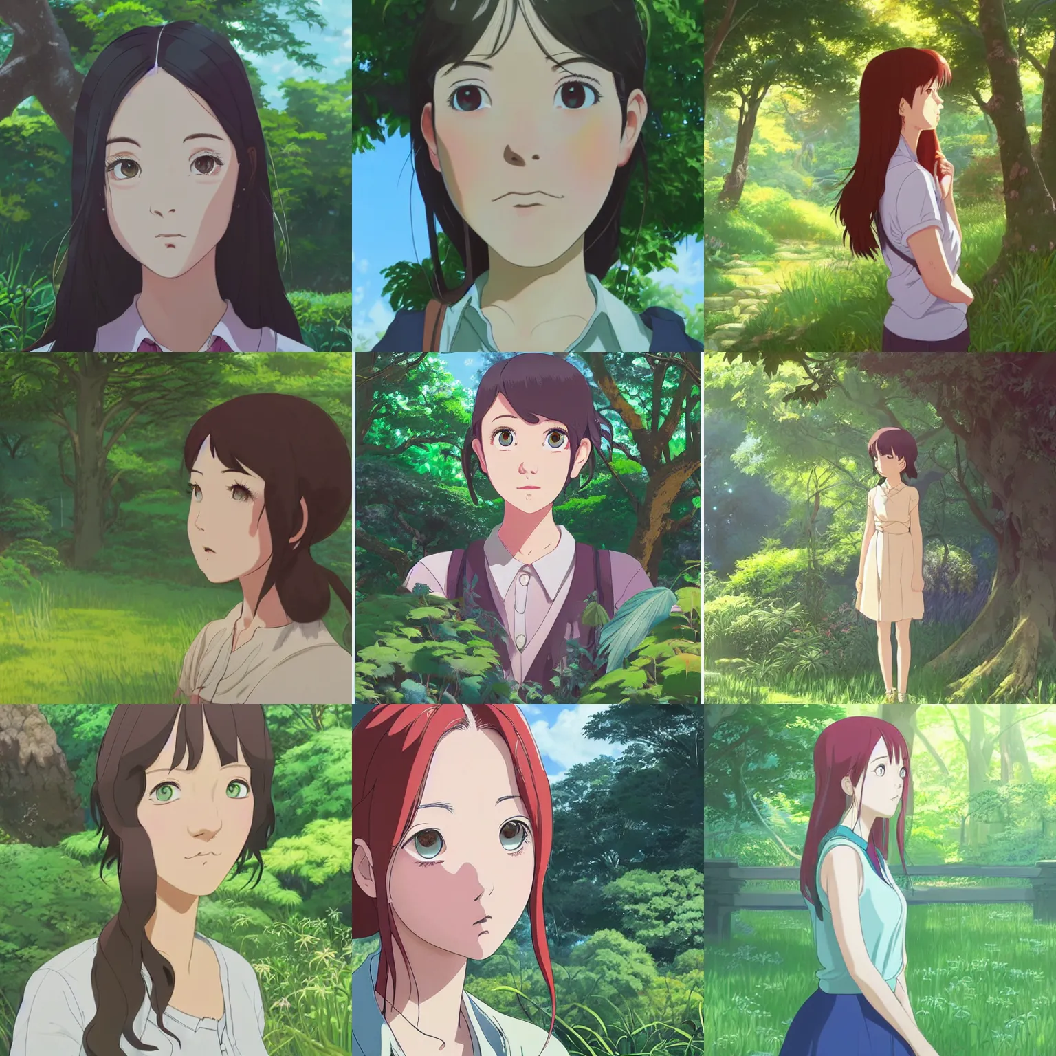 Prompt: Character portrait of a young woman in a lush park, beautiful face, large eyes, highly detailed, cel shading, Studio Ghibli still, by Makoto Shinkai and Akihiko Yoshida