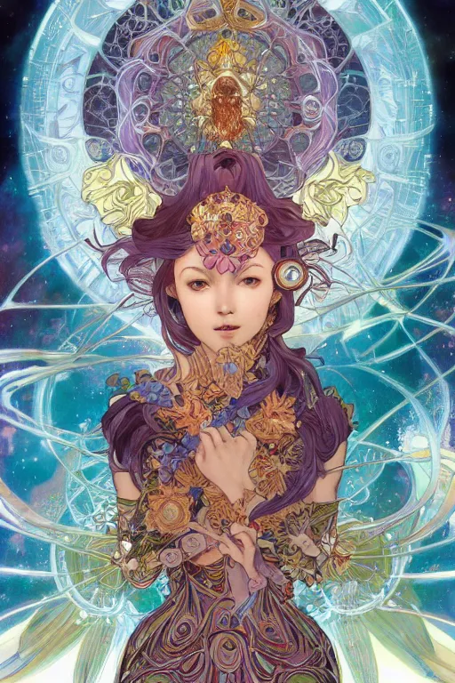 Image similar to chakras, by artgerm and yoshitaka amano and moebius and alphonse mucha, hyperdetailed, dc comics, ornate, nebula, explosions in the sky, trending on artstation