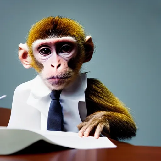 Prompt: a monkey in a suit sitting at a desk