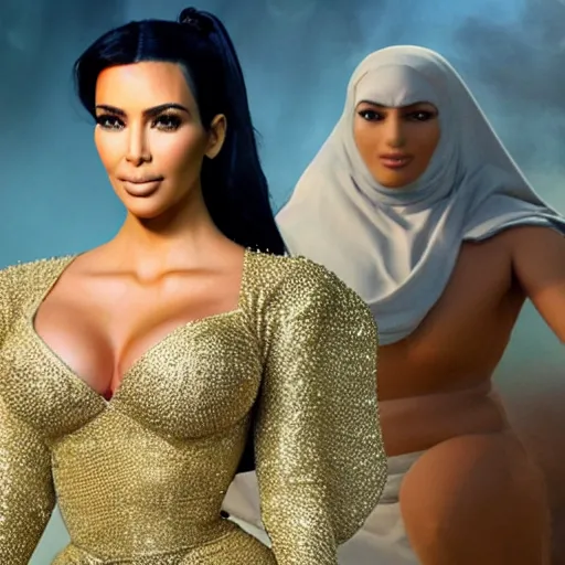 Image similar to kim kardashian in alladin live action, 8k full HD photo, cinematic lighting, anatomically correct, oscar award winning, action filled, correct eye placement,