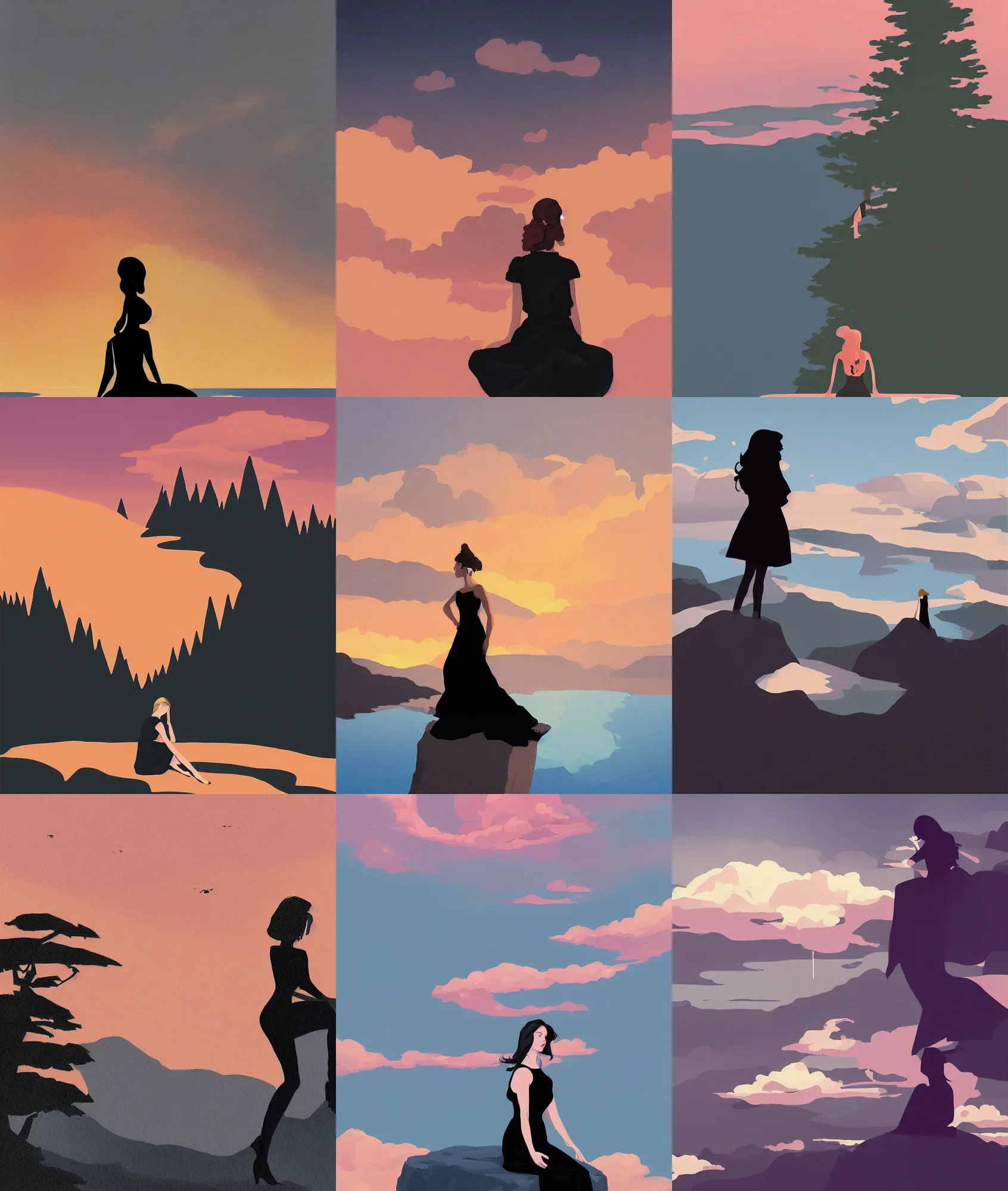 Prompt: sitting girl in black dress between clouds above american nature, lakes and forests in sunset light, portrait, elegant, intricate, digital painting, artstation, concept art, smooth, sharp focus, illustration, painting in the style of alfred joseph casson