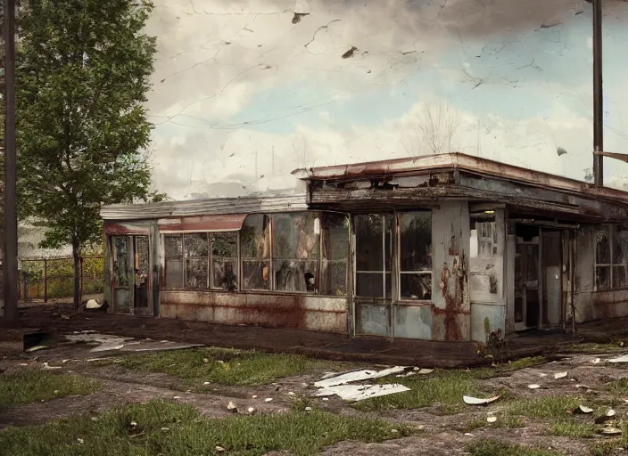 Image similar to exterior of an abandoned american diner, taken over by nature, gothic style, hyperrealistic and beautiful painting, 8 k resolution, by hugh ferris and john smith, polished, fine detail, intricate, smooth, octane, concept art, trending on artstation