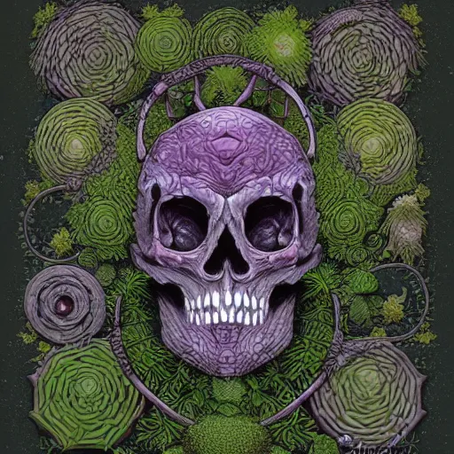 Prompt: overgrown skull inspired by René Laloux,Dan Mumford,twisted ivy vines,moss,succulents