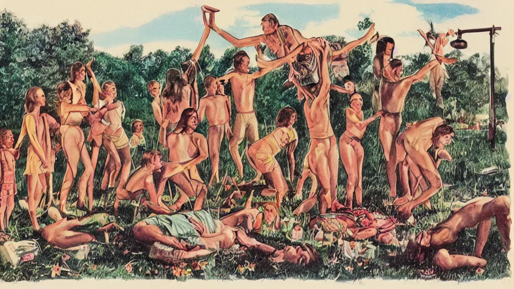 Image similar to A vintage scientific illustration from the 1970s of a Swedish cult performing a human sacrifice to the gods during the midsummer festival in Sweden in the summer on the meadows by Wes Anderson