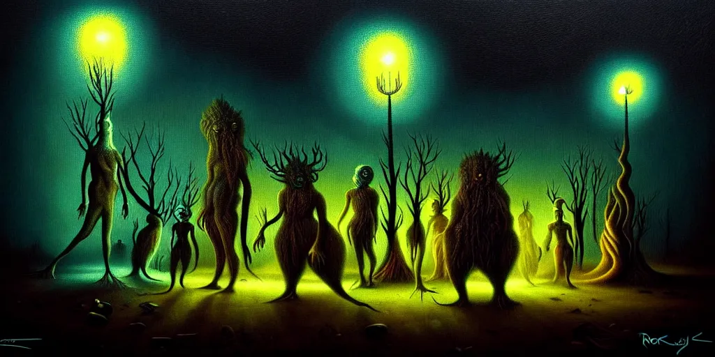 Image similar to creatures lurking in the collective unconscious, dramatic lighting from warm fire glow, in a dark surreal painting by ronny khalil