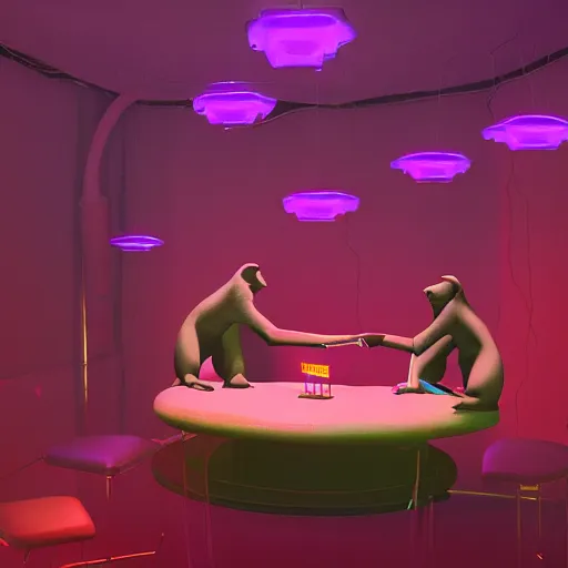 Image similar to 2 apes in a private booth at dance club throwing money in the air, surrounded by beautiful women, made by beeple