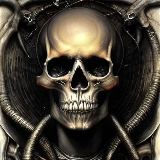 Prompt: fiery skull contemplating life, gracked, detailed, painted by raymond swanland, giger