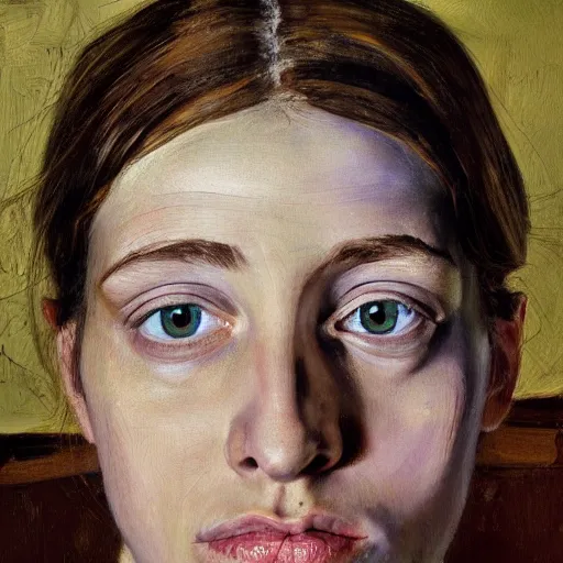 Prompt: high quality high detail painting by lucian freud, hd, girl portrait black eye shadows, photorealistic lighting