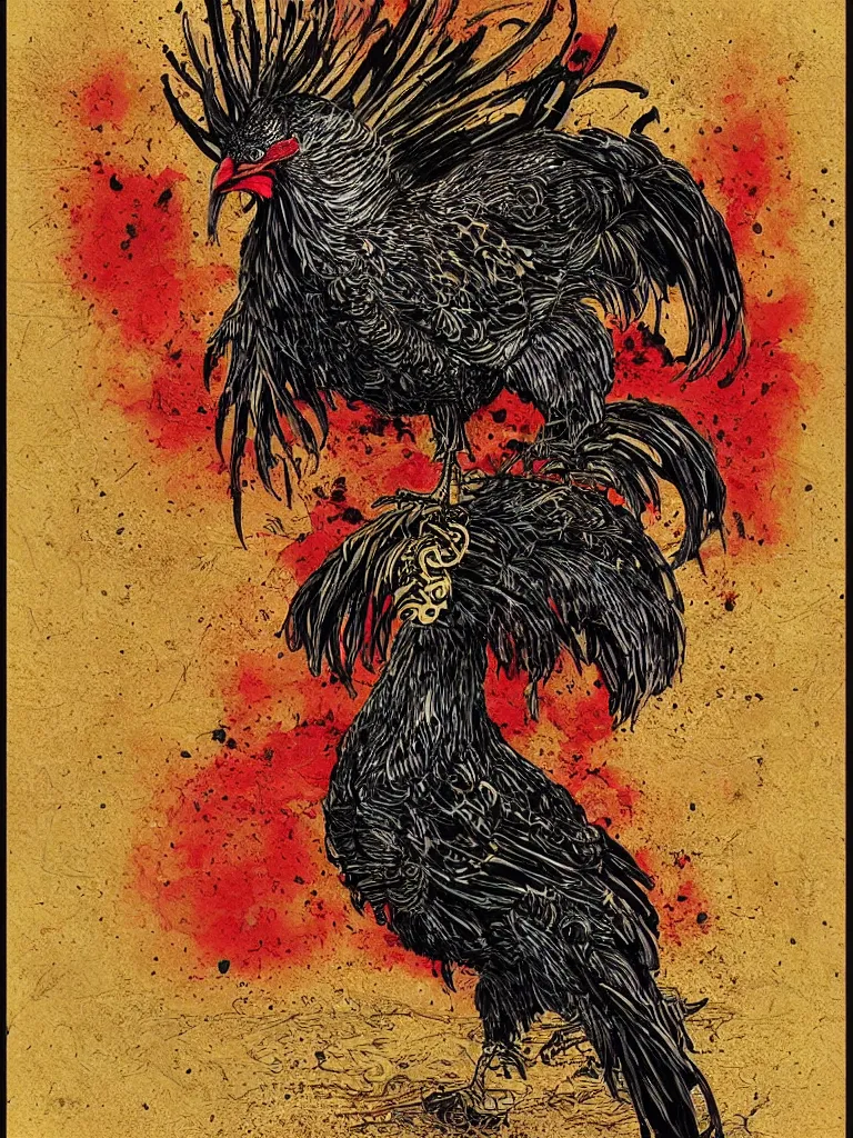 Prompt: dark military portrait of a majestic Fat!!!! Black Rooster, the King of rooster old decrepit tarot card, red gold black royal tarot card background, with blunt brown border, with green Cannabis Leaves, ultra-detailed pen and ink illustration, vibrant red colour and shiny gold, sharp focus, matte painting, symmetrical, golden ratio, cgsociety, concept art, 8k, octane render, artstation, art by greg rutkowski and Alphonse Mucha