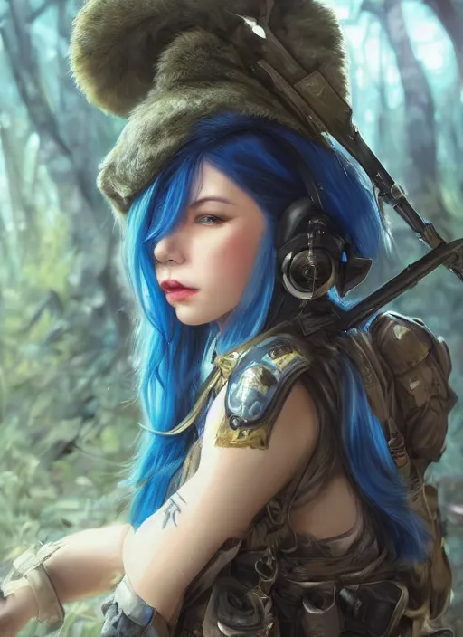 Image similar to stunningly beautiful female blue hair, dj sura face, fantasy art, military girl, army girl outfit, soldier helmet, jungle background, dark light night, sharp focus, digital painting, 8 k, concept art, art by wlop, artgerm, greg rutkowski and alphonse mucha