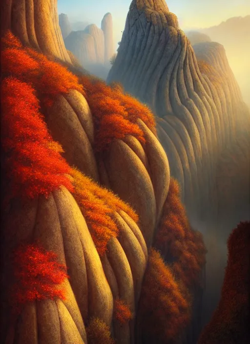 Image similar to autumn mornings in the low - poly cliffs of illusions, diffuse lighting, fantasy, intricate, surrealism!!!!, highly detailed, lifelike, photorealistic, digital painting, artstation, illustration, concept art, smooth, sharp focus, by greg rutkowski, chris tulloch mccabe, valentina remenar and asher duran,