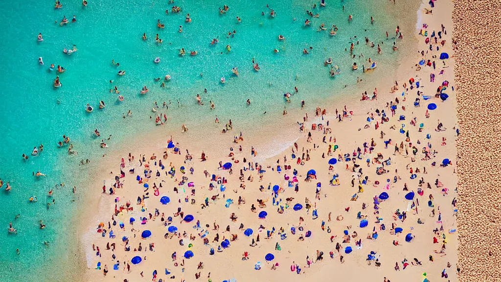 Image similar to photograph beachscapes satellite view imagery, Aerial view of beautiful sandy beach with hundreds of umbrellas and sea, Aerial of a crowded sandy beach with colourful 1970s umbrellas sun bathers and swimmers during summer, golden sand and clear blue sea, by Tommy Clarke and Joshua Jensen-Nagle