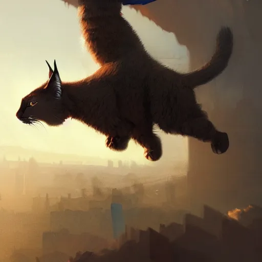 Image similar to giant cute fluffy caracal flying in the sky above the port was the color of television tuned to a dead channel, neuromancer, painted by greg rutkowski, painted by igor kieryluk, high detail, dramatic light, digital art, trending on artstation