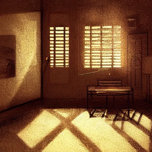 Image similar to hotel room, musty, ambient lighting, light shafts from window blinds, sun ray, dusty, moody, atmospheric, beautiful, abandoned room, motel room, artstation award, detailed, concept art, color sketch